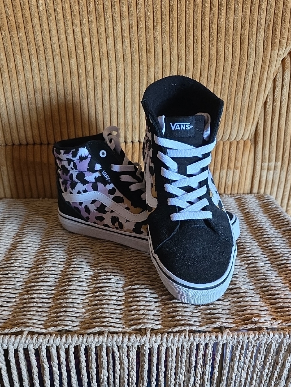 Vans High Top Sneakers in Black with Pink Leopard Panels